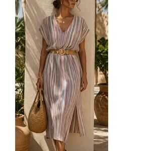 Vintage Pastel Stripe Midi Dress V Neck Elastic Waist Boho Medium